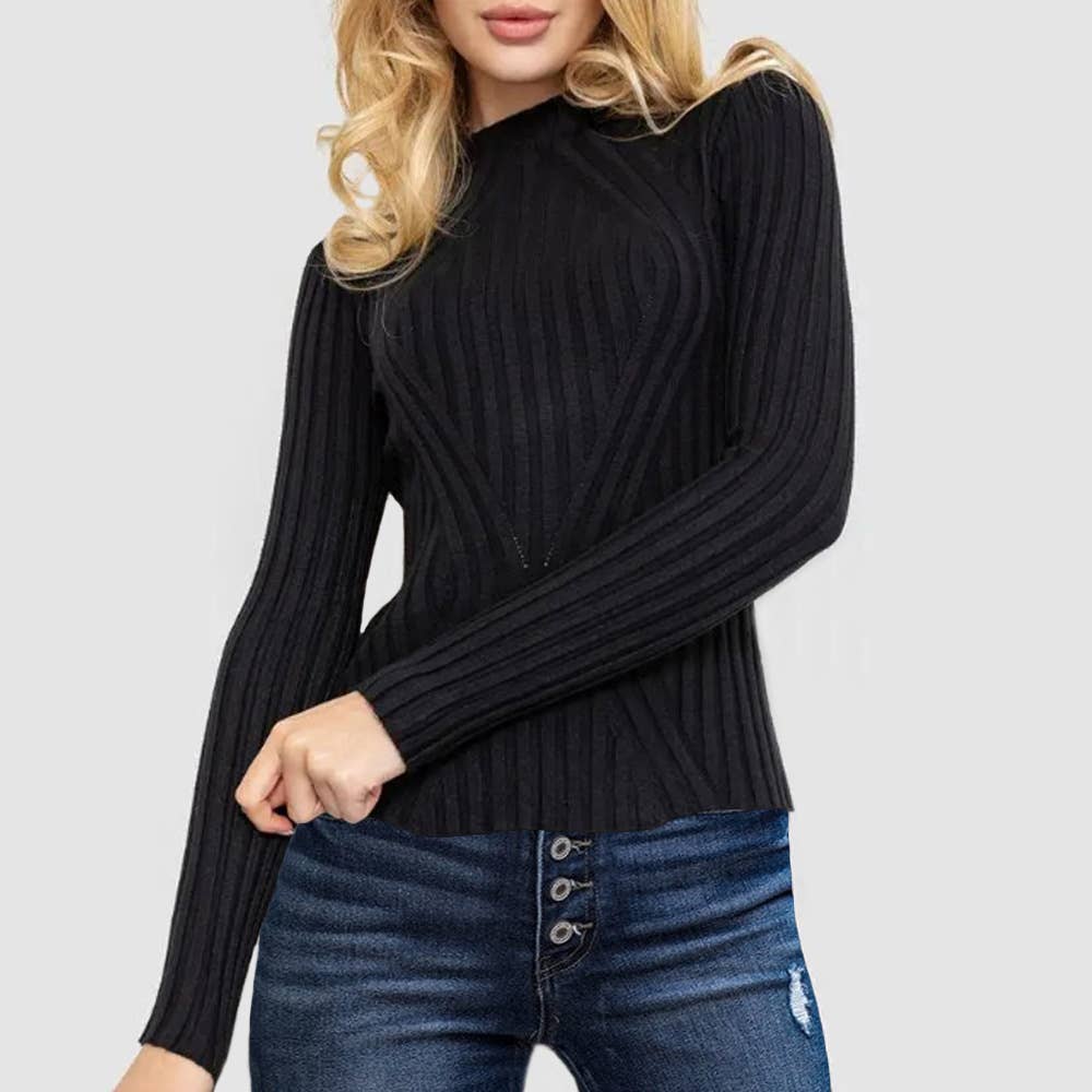 Wide-striped solid-color long-sleeved top
