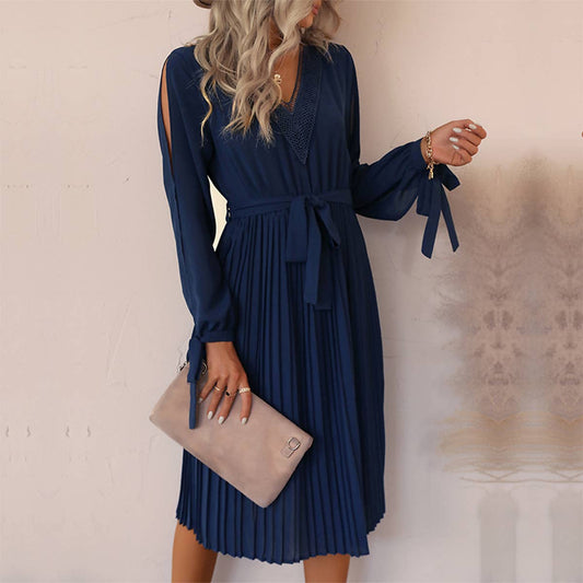 TEMPERAMENT HOLLOW LONG SLEEVE SOLID COLOR DRESS