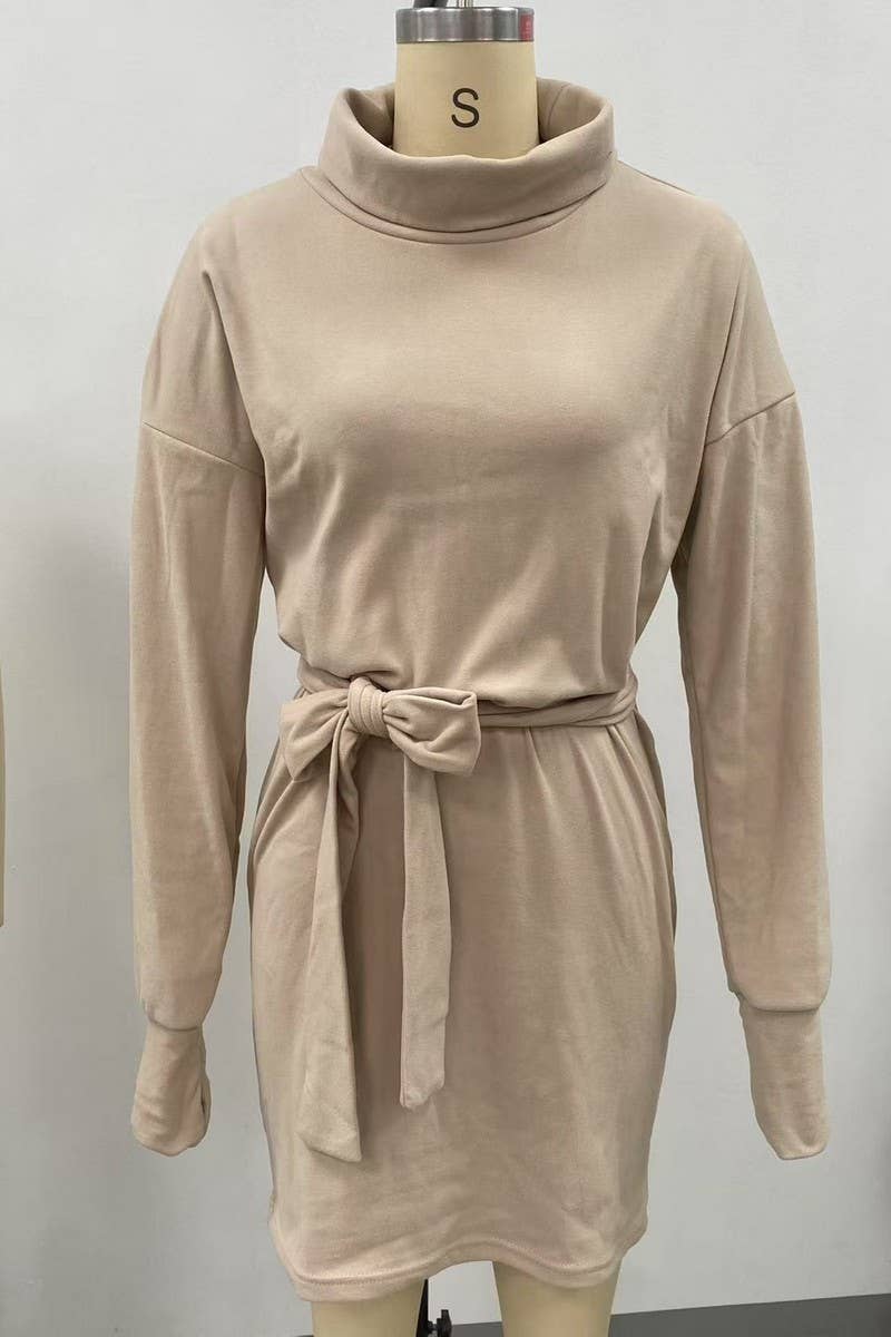 CWDMD01232_HIGH NECK BELTED DRESS WOMEN LONG SLEEVE FALL