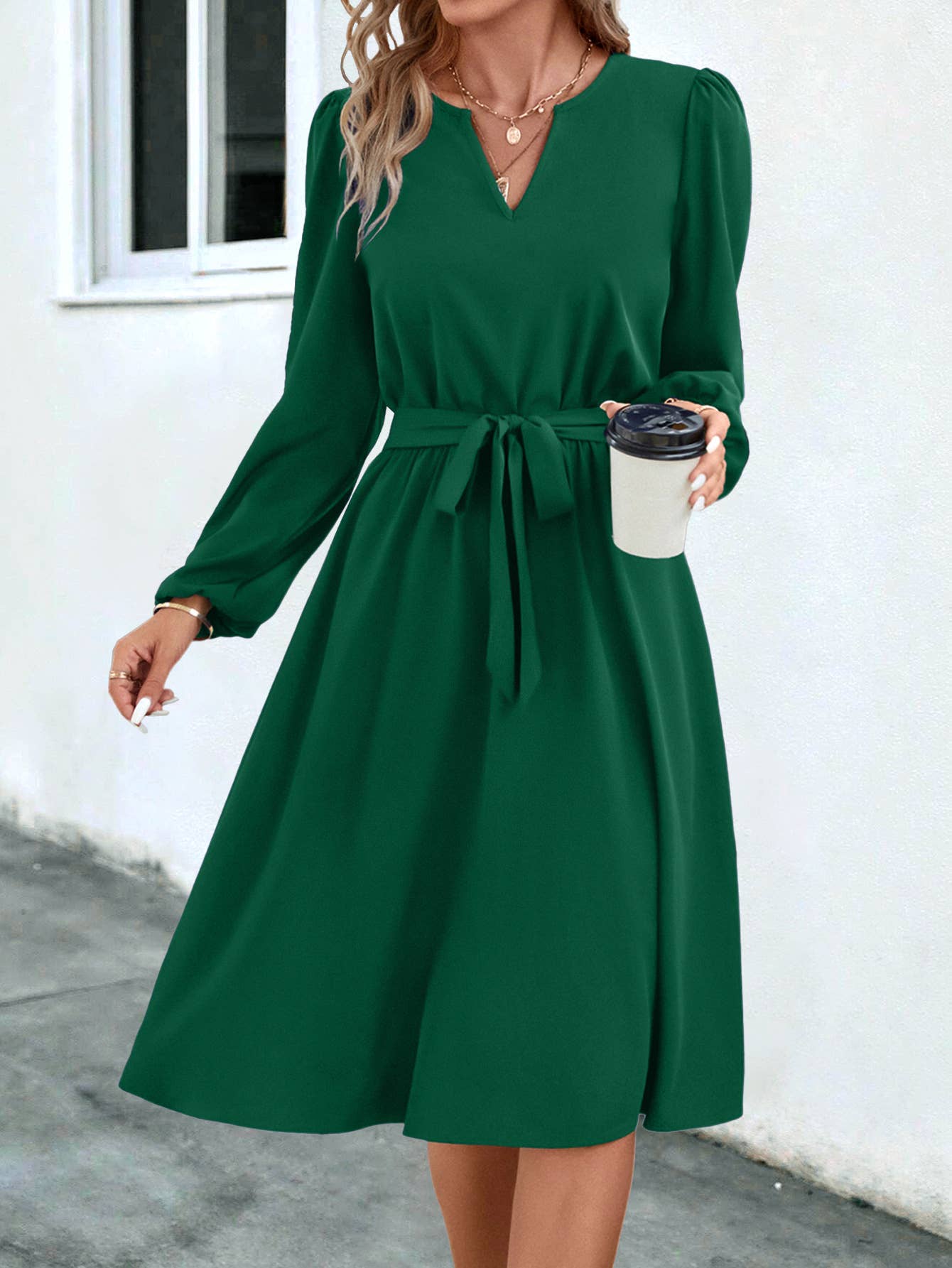 LONG SLEEVE SMALL V-NECK LACE-UP DRESS