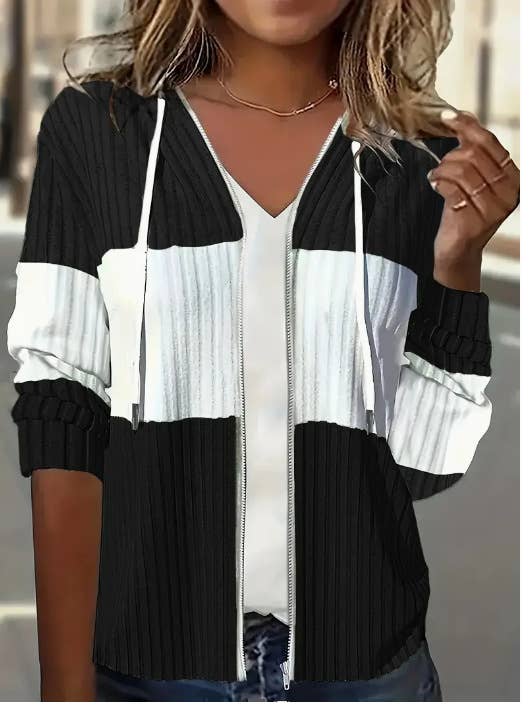 KNIT RIBBED ZIPPER DRAWSTRING HOODED BLAZER