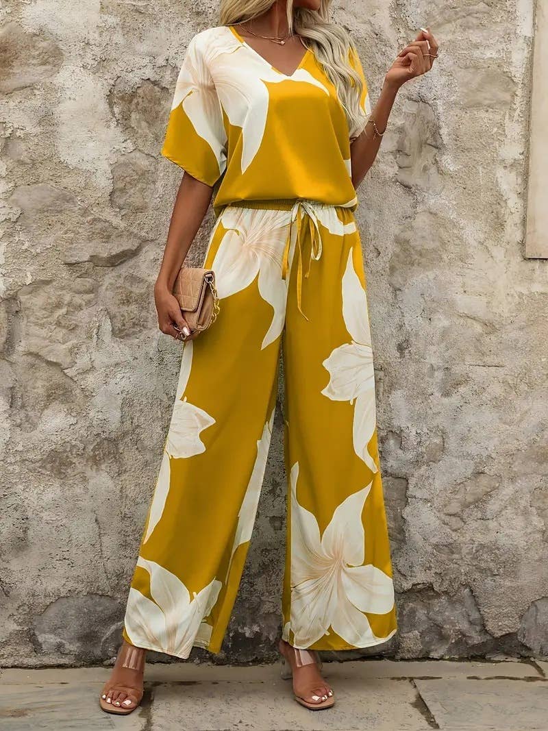 Printed fashion casual Top and long pants set