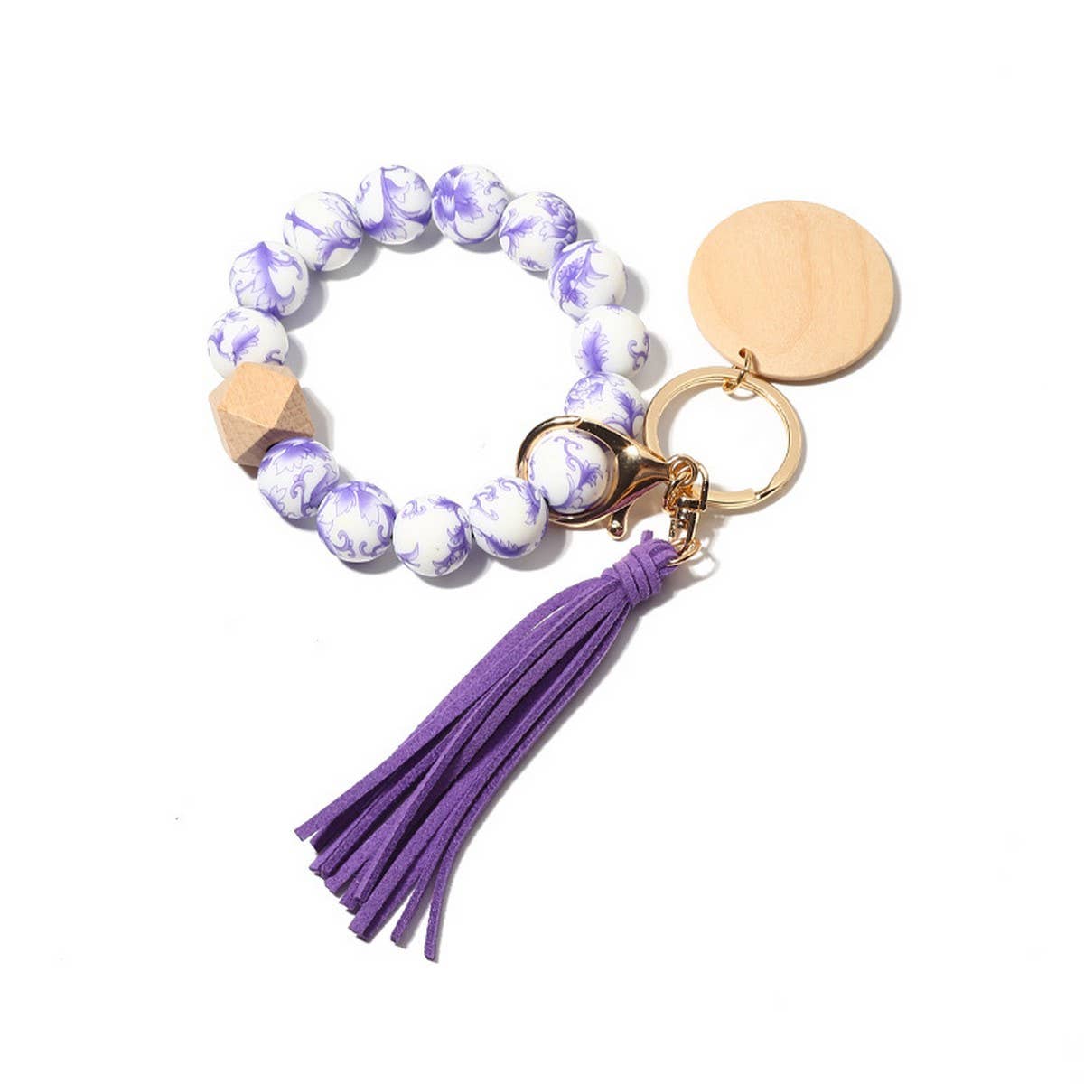 Silicone Bead Bracelet Keychain with Beech Wood
