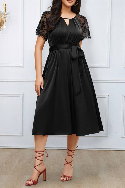 CWDMD6442_LACE PANELED TIE WAIST A-LINE EVENING DRESS