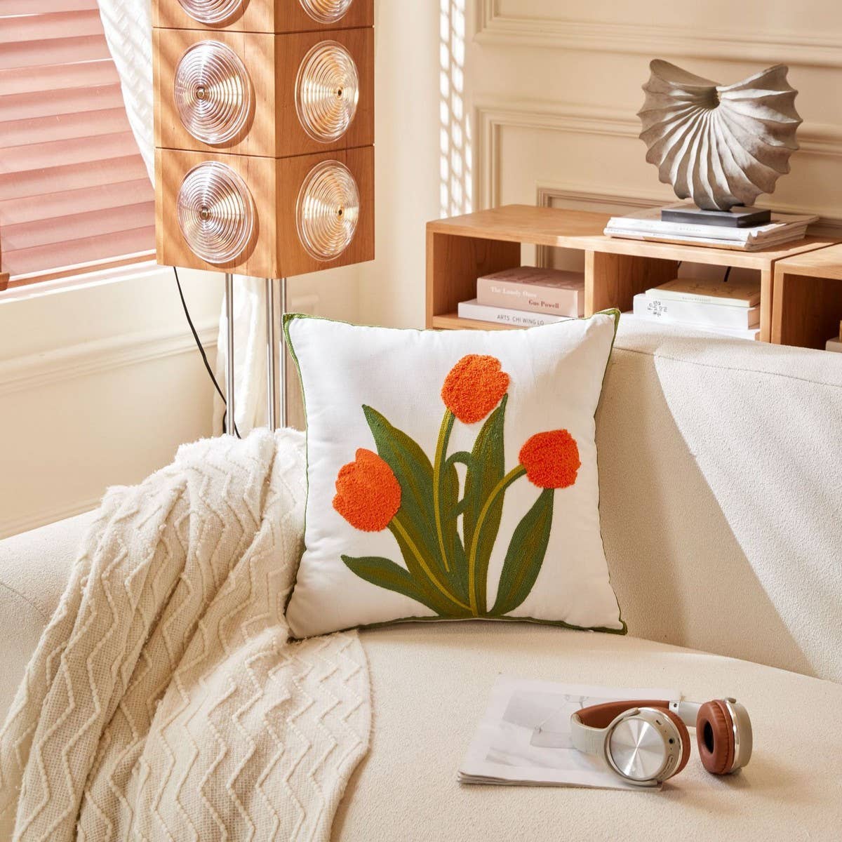 Pink Tulip Embroidered Sofa Pillow Cover_CWMM7706