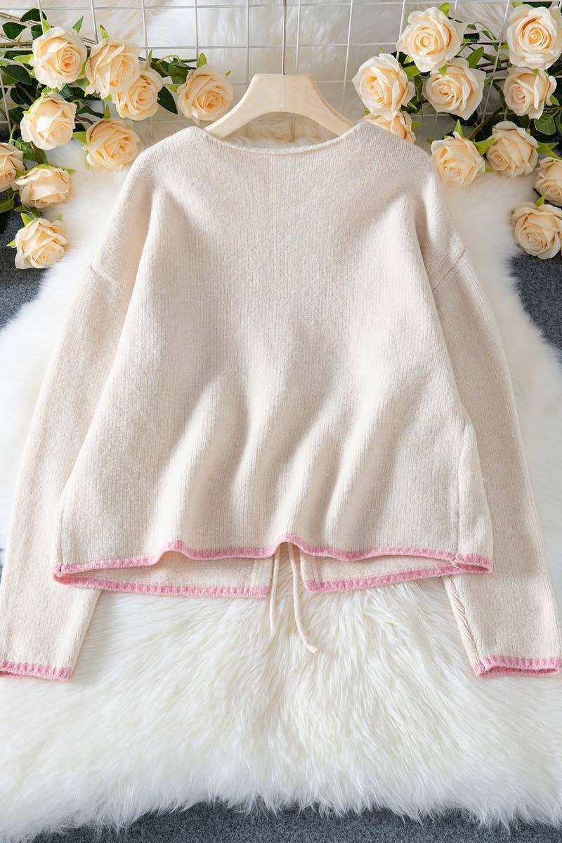 CWOCAL00719_COLORBLOCK BOW TIE LOOSE KNIT CARDIGAN TOP