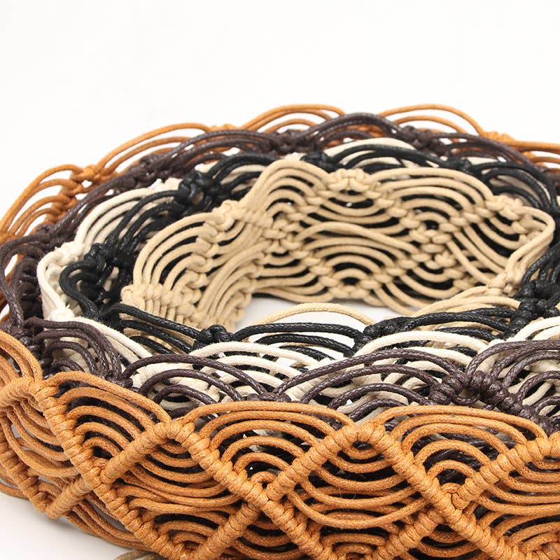 Wax rope woven hollowed-out wooden buckle belt