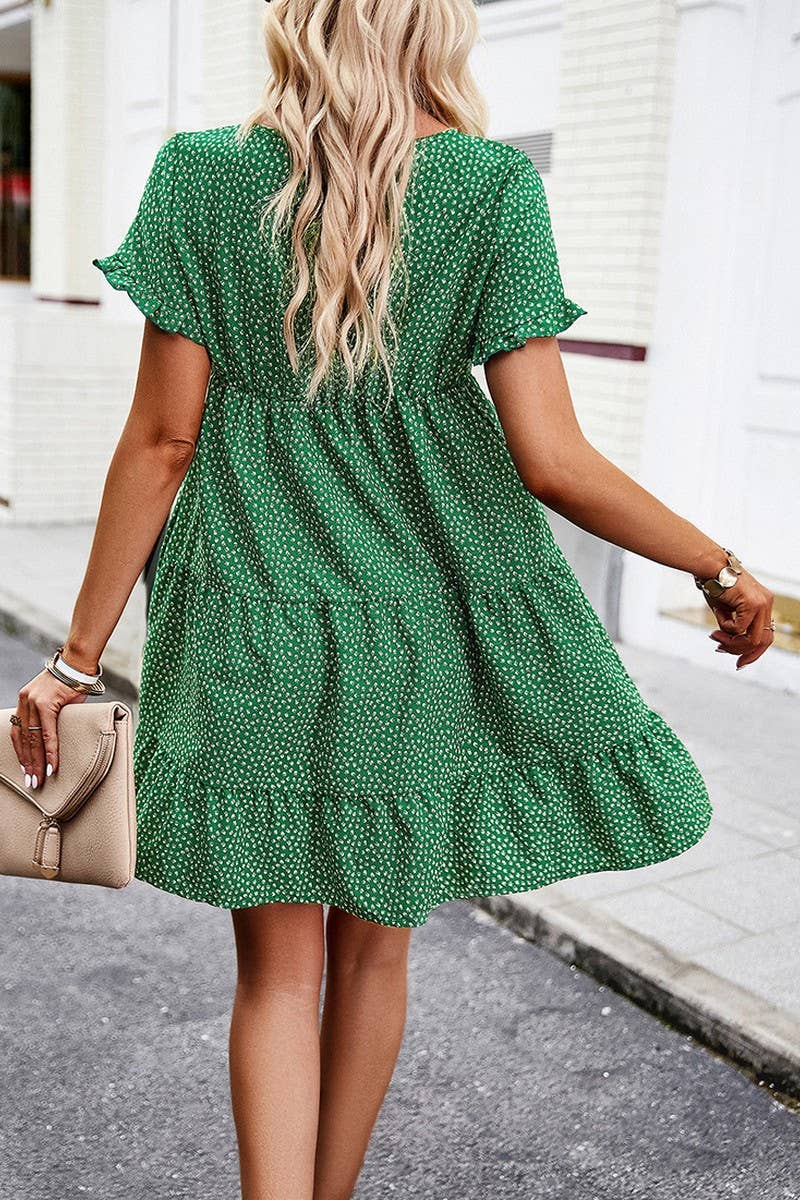 CWDSD2333_Round Neck Floral Ruffle Short Sleeve Dress