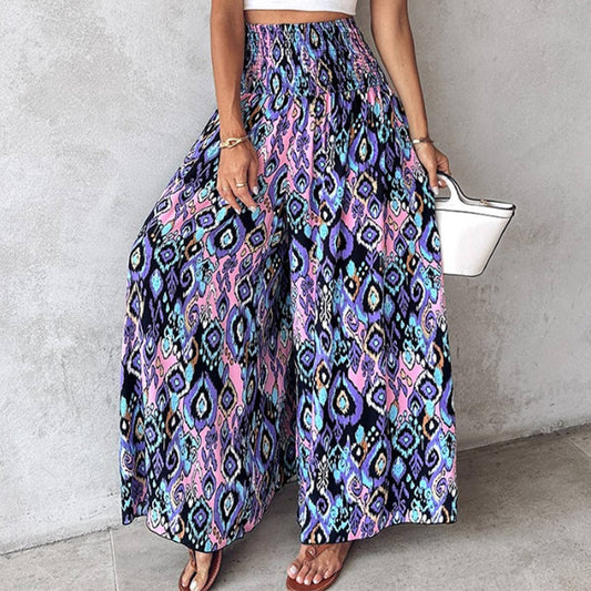 Tropical print retro floral print wide leg pants