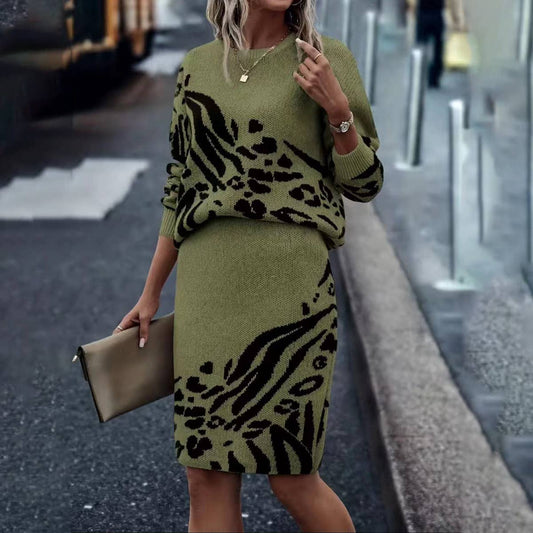 JACQUARD LONG-SLEEVED CREW-NECK SWEATER SET SKIRT