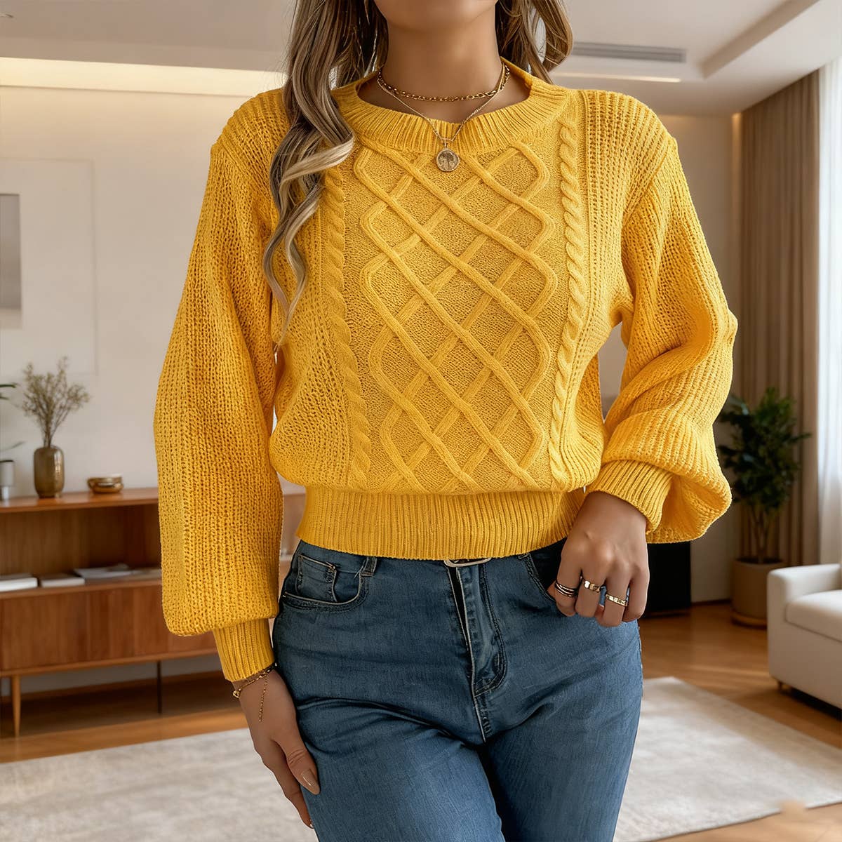 Lantern long-sleeved cinched-waist sweater