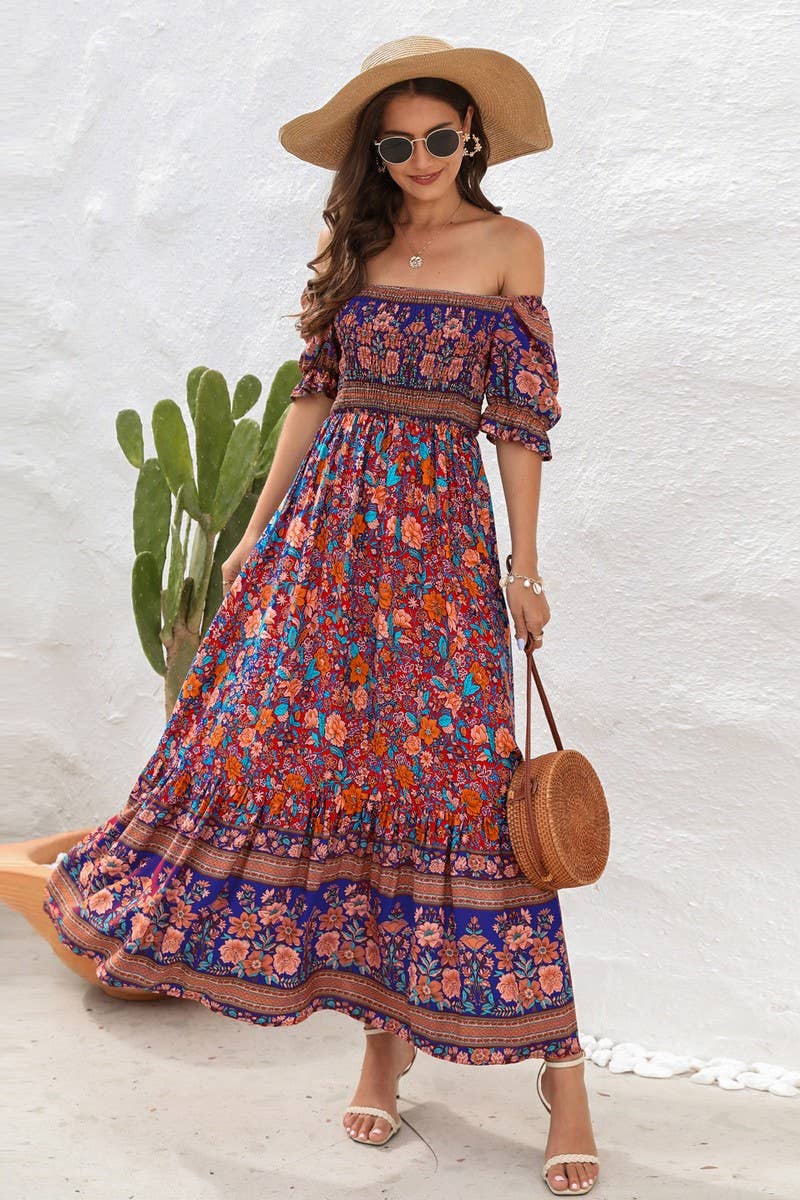 CWDMD2149_PRINTED ONE SHOULDER PUFF SLEEVE MIDI DRESS