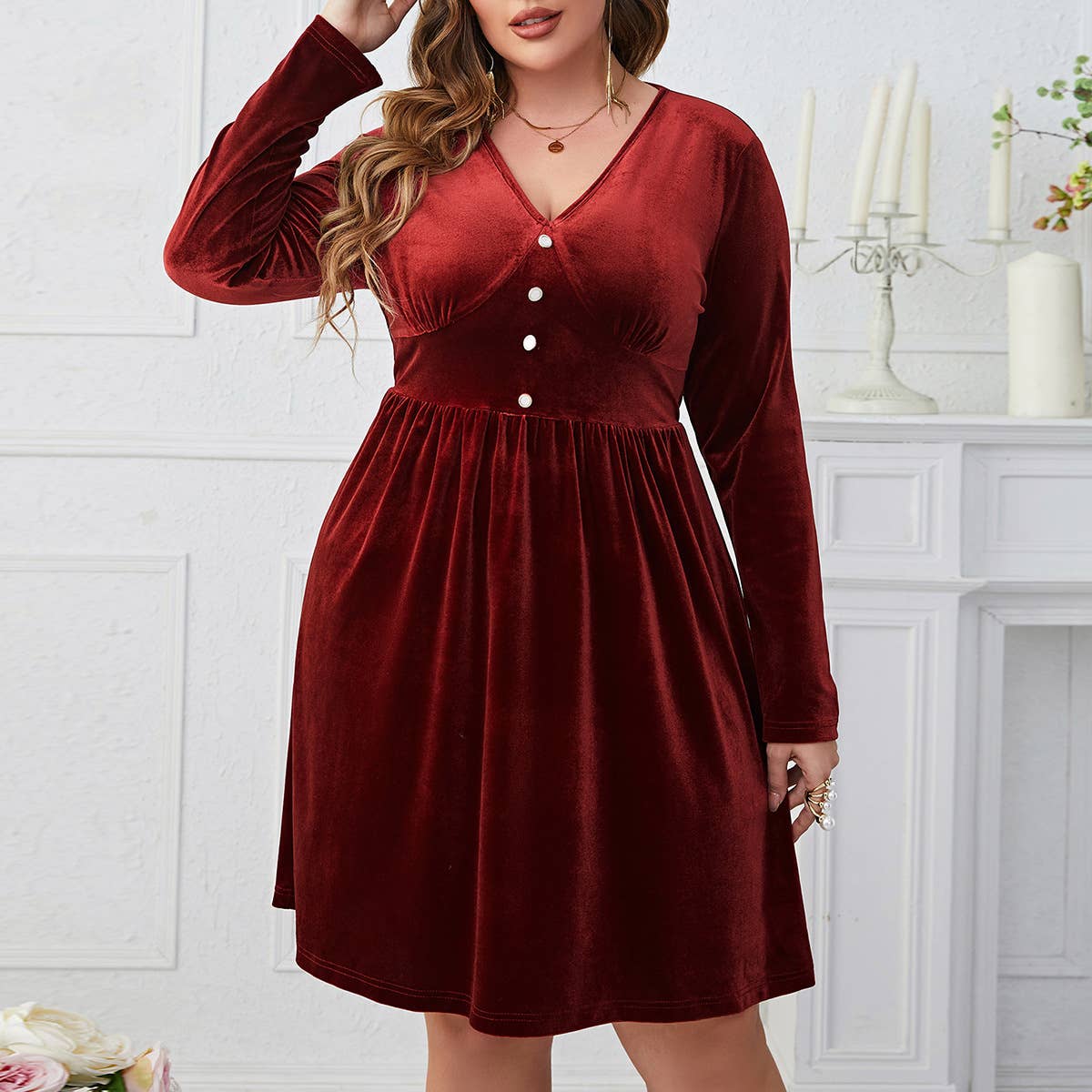 Deep Red V-Neck Slim Fit High Waist Dress
