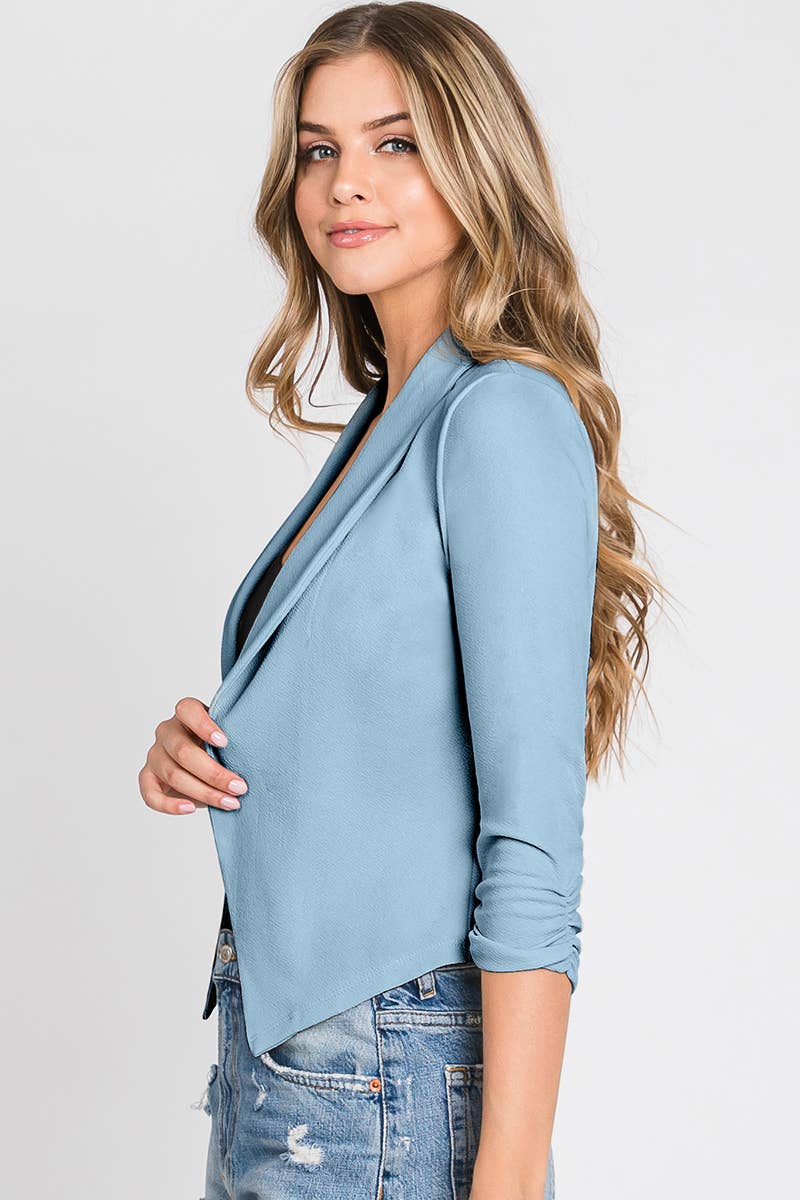 CWOBL108_SHAWL COLLAR SHORT BLAZER WITH SHIRRING SLEEVE