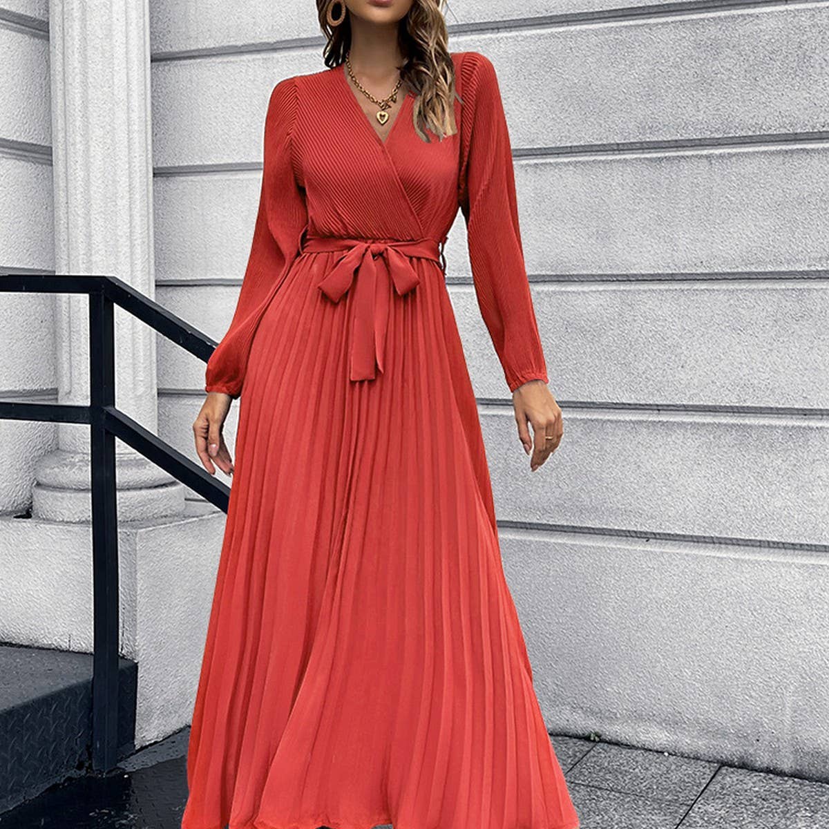 V-neck long sleeve pleated A-line long dress