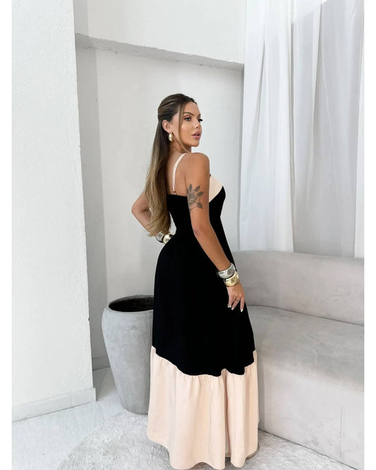 Fashionable long color-blocking halter dress