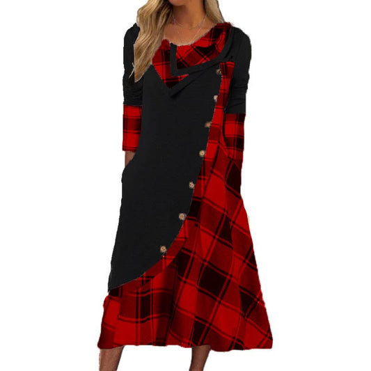 PLAID PRINT PATCHWORK BUTTON POCKET DRESS
