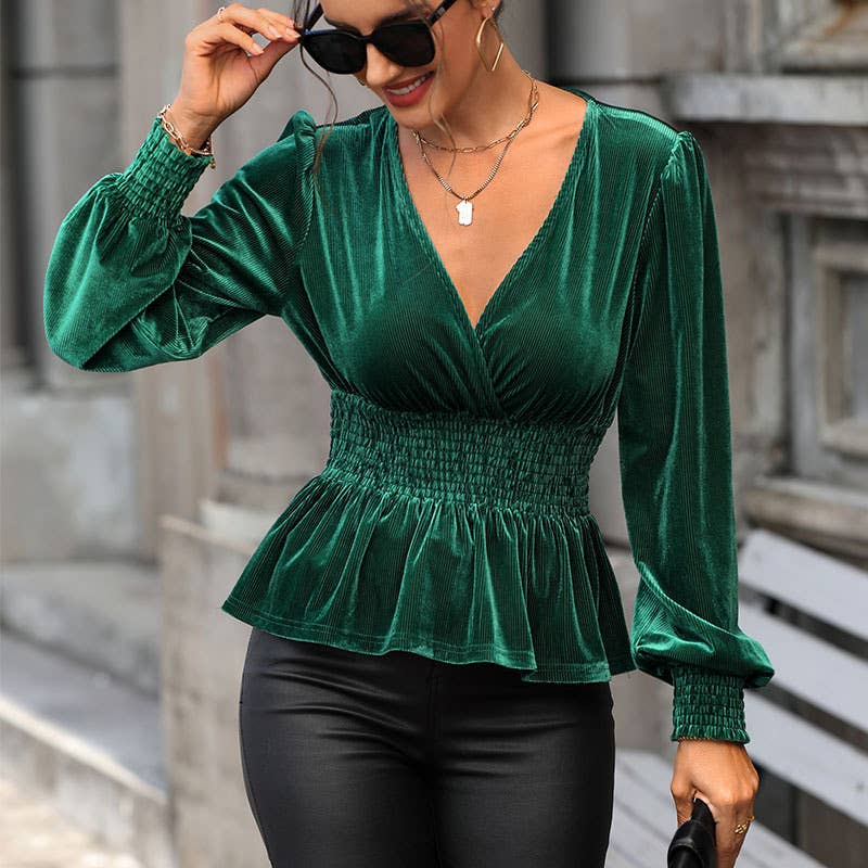 ELEGANT V-NECK LONG SLEEVE SOLID COLOR VELVET TOP