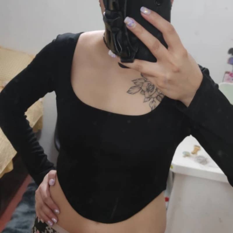 Knitted square-neck solid long-sleeved T-shirt