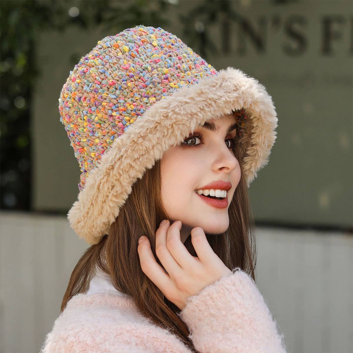 RAINBOW KNIT BEANIE COZY KNITTED BUCKET HAT_CWAH1981