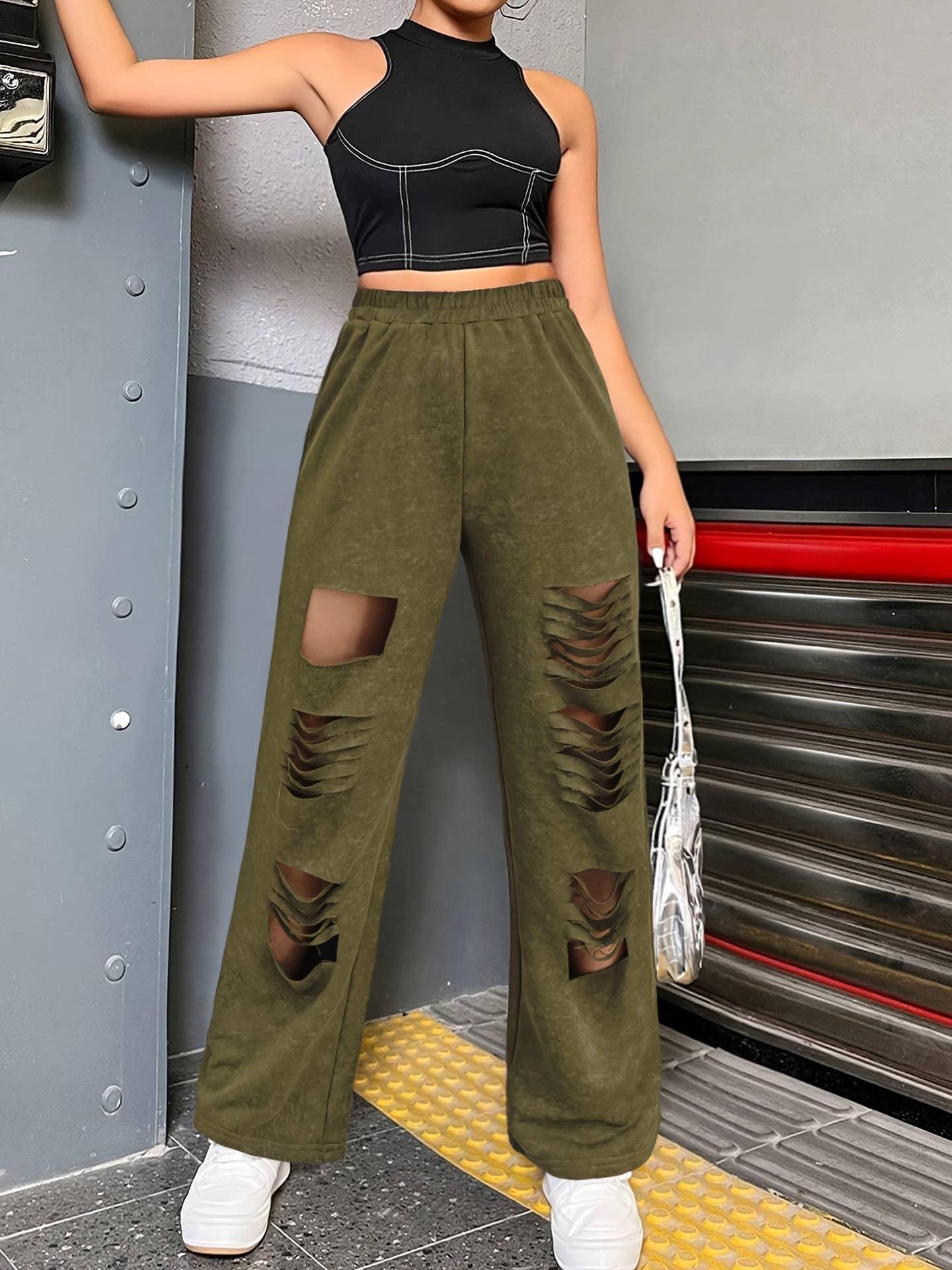 CASUAL CUT RUBBER WAIST PERSONALIZED RIPPED PANTS