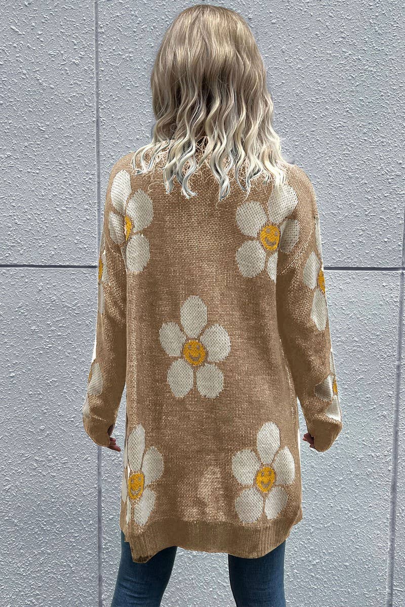 CWOCAL1119_FLORAL LONG SLEEVE MID-LENGTH KNITTED CARDIGAN