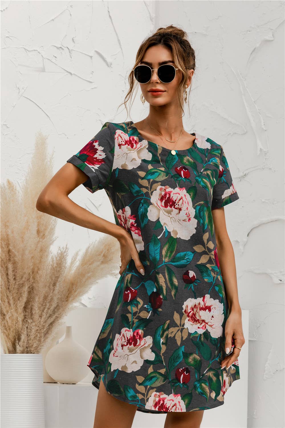 SHORT SLEEVE COTTON AND LINEN FLORAL PRINT DRESS