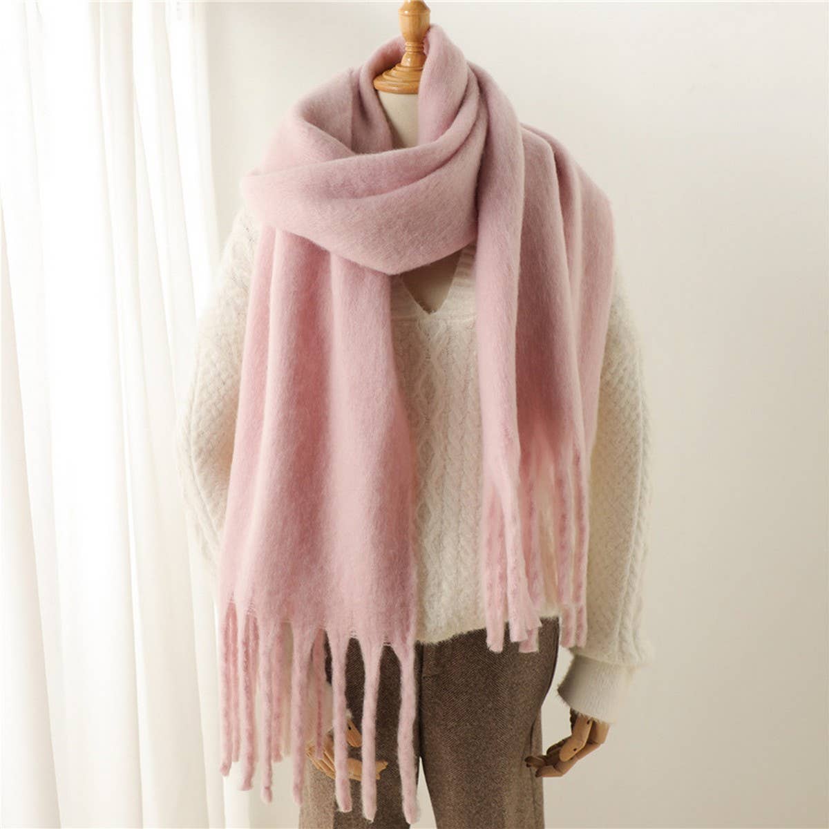 Mohair Tassel Scarf for Winter, Unisex Long Shawl