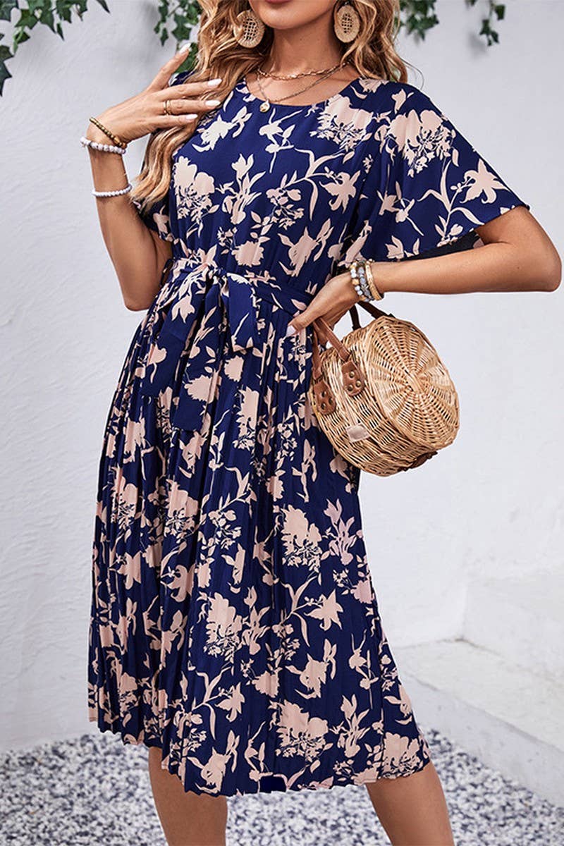 CWDSD2765_Round Neck Short Sleeve with belt Print Dress