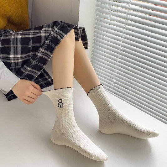 WARM COFFEE EMBROIDERED BEAR WOMEN'S SOCKS