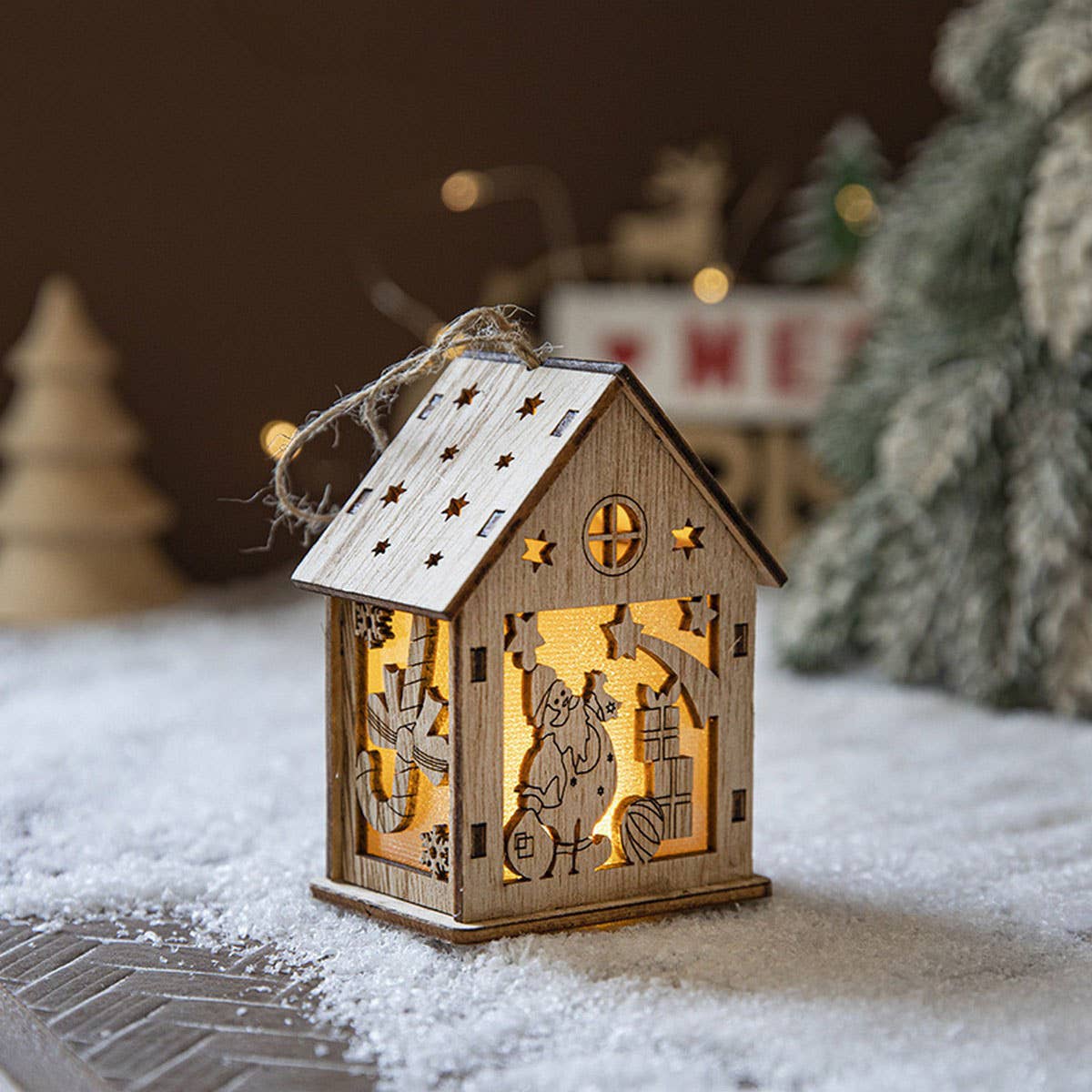 Wooden Christmas House Light Tree Ornament Gift_CWMM9758