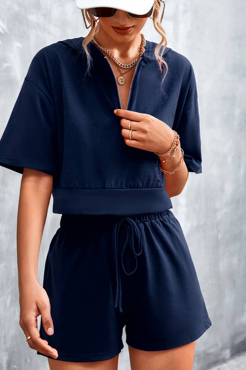 SOLID COLOR HOODED ZIPPER SHORTS CASUAL SUIT_CWSTB0437