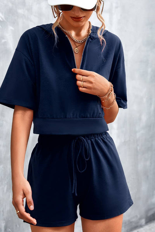 SOLID COLOR HOODED ZIPPER SHORTS CASUAL SUIT_CWSTB0437