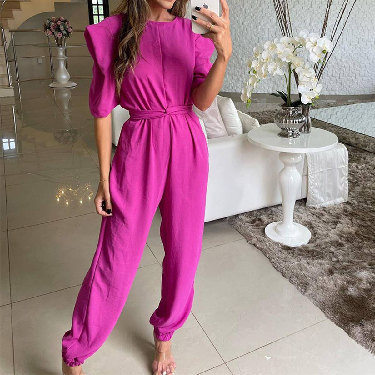 TEMPERAMENT ROUND NECK SOLID COLOR ROMPER