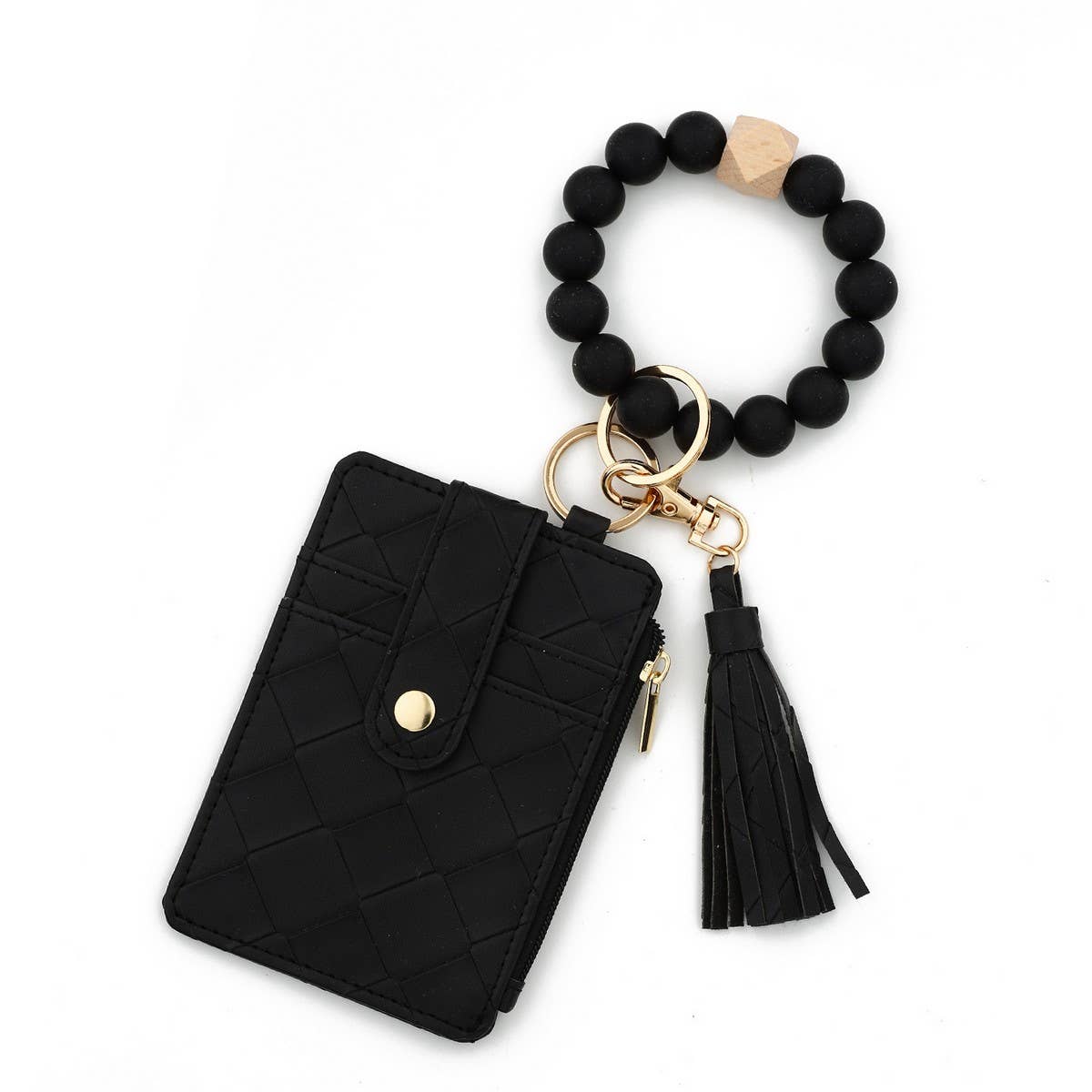 Plaid PU Card Wallet with Silicone Bead Keychain_CWAB4970