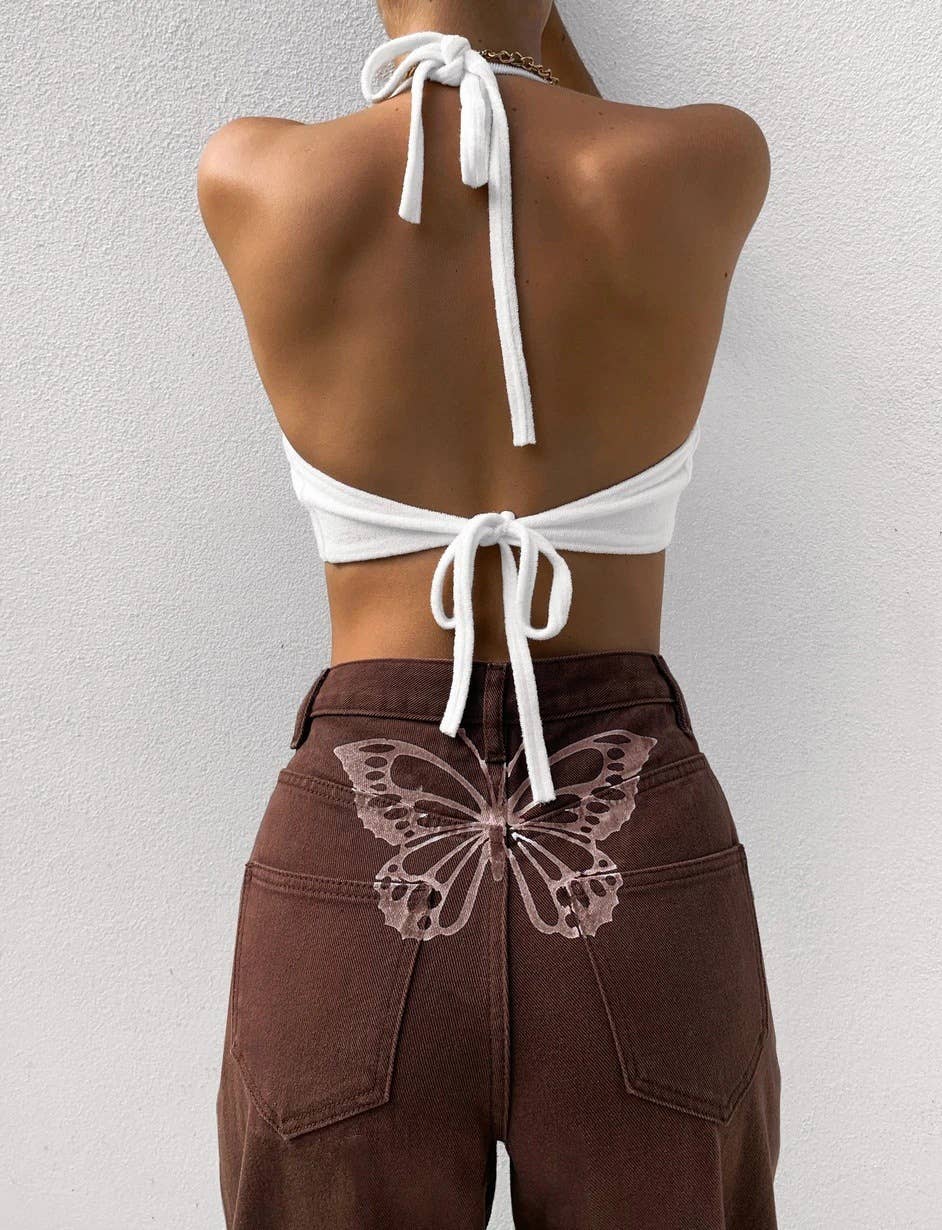 HIGH-WAISTED BUTTERFLY PRINT BAGGY WIDE-LEG JEANS