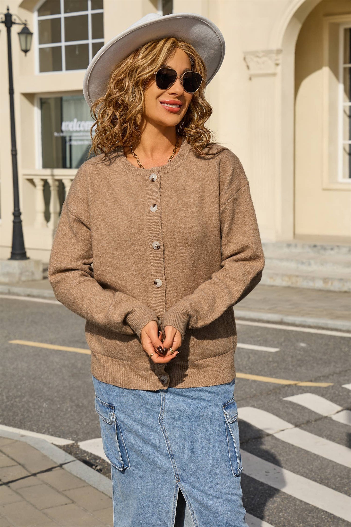 Round tie pocket loose single breasted cardigan