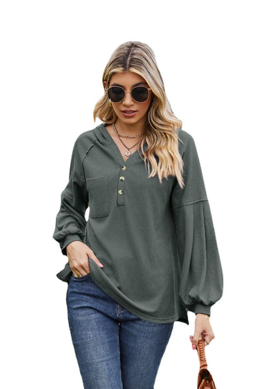 CWOHOL1095_NEW HOODED BUTTON LOOSE LONG-SLEEVED SWEATSHIRT