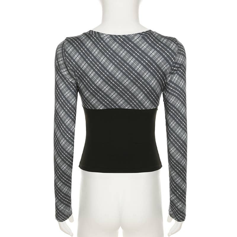 V-neck bow lace-up plaid color patchwork T-shirt