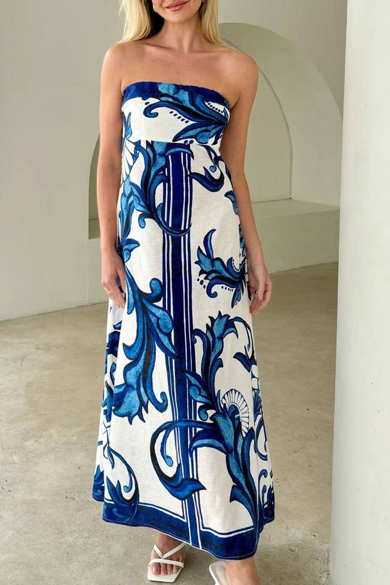 CWDMD5536_SUMMER PRINTED FIT STRAPLESS TUBE DRESS