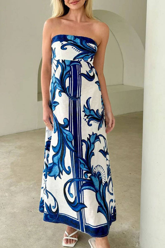 CWDMD5536_SUMMER PRINTED FIT STRAPLESS TUBE DRESS