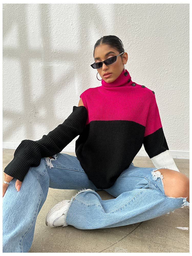 HOODIE OFF-SHOULDER SWEATER IN CONTRASTING COLORS
