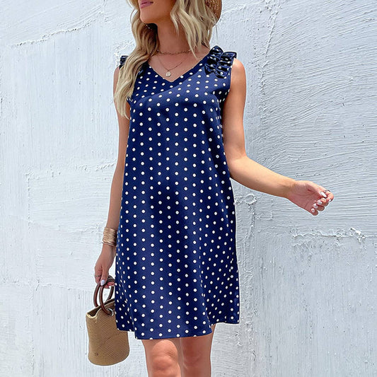 Polka Dot sleeveless pleated V-neck dress