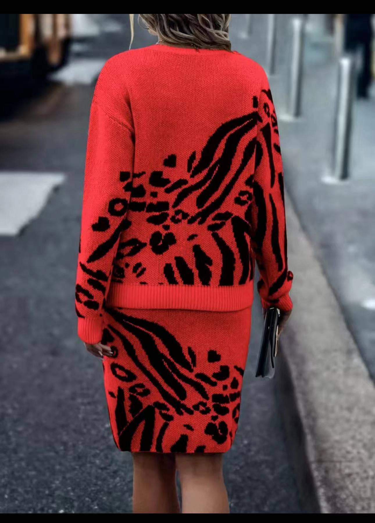 JACQUARD LONG-SLEEVED CREW-NECK SWEATER SET SKIRT