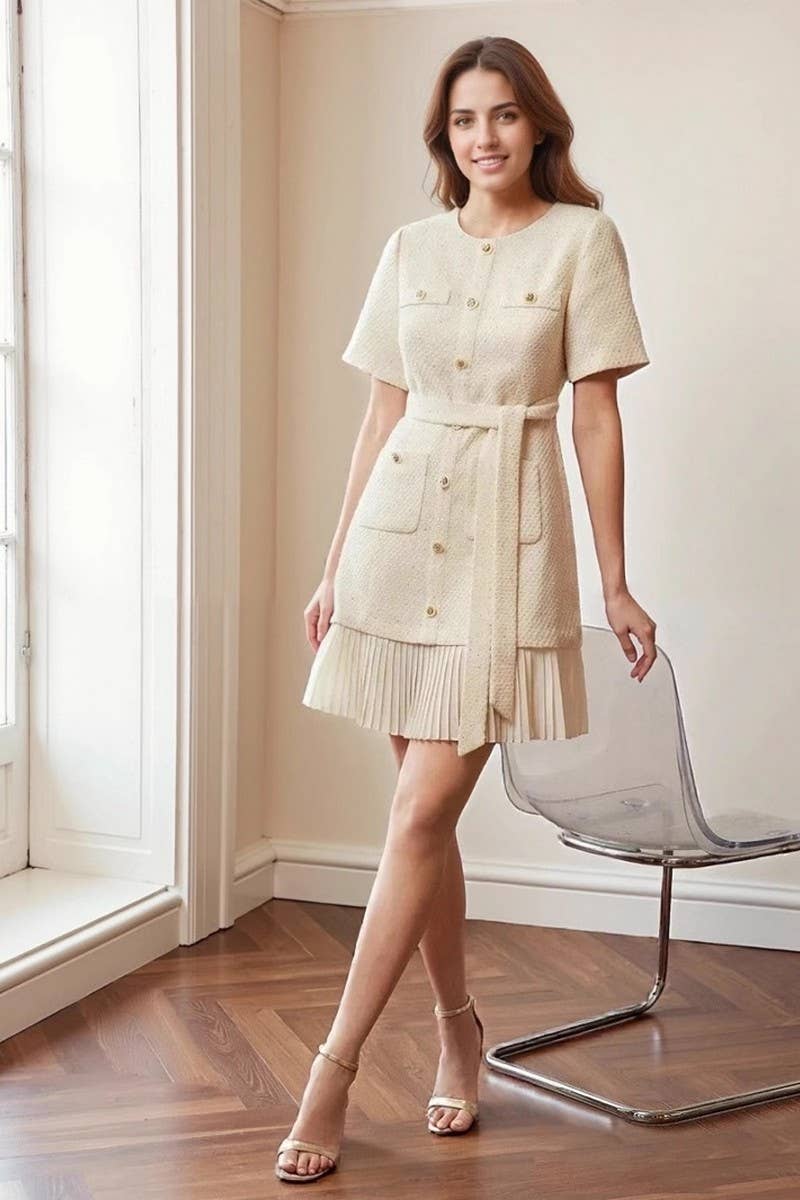 CWDSD8822_CREW NECK TWEED BUTTON TIE PLEATED DRESS