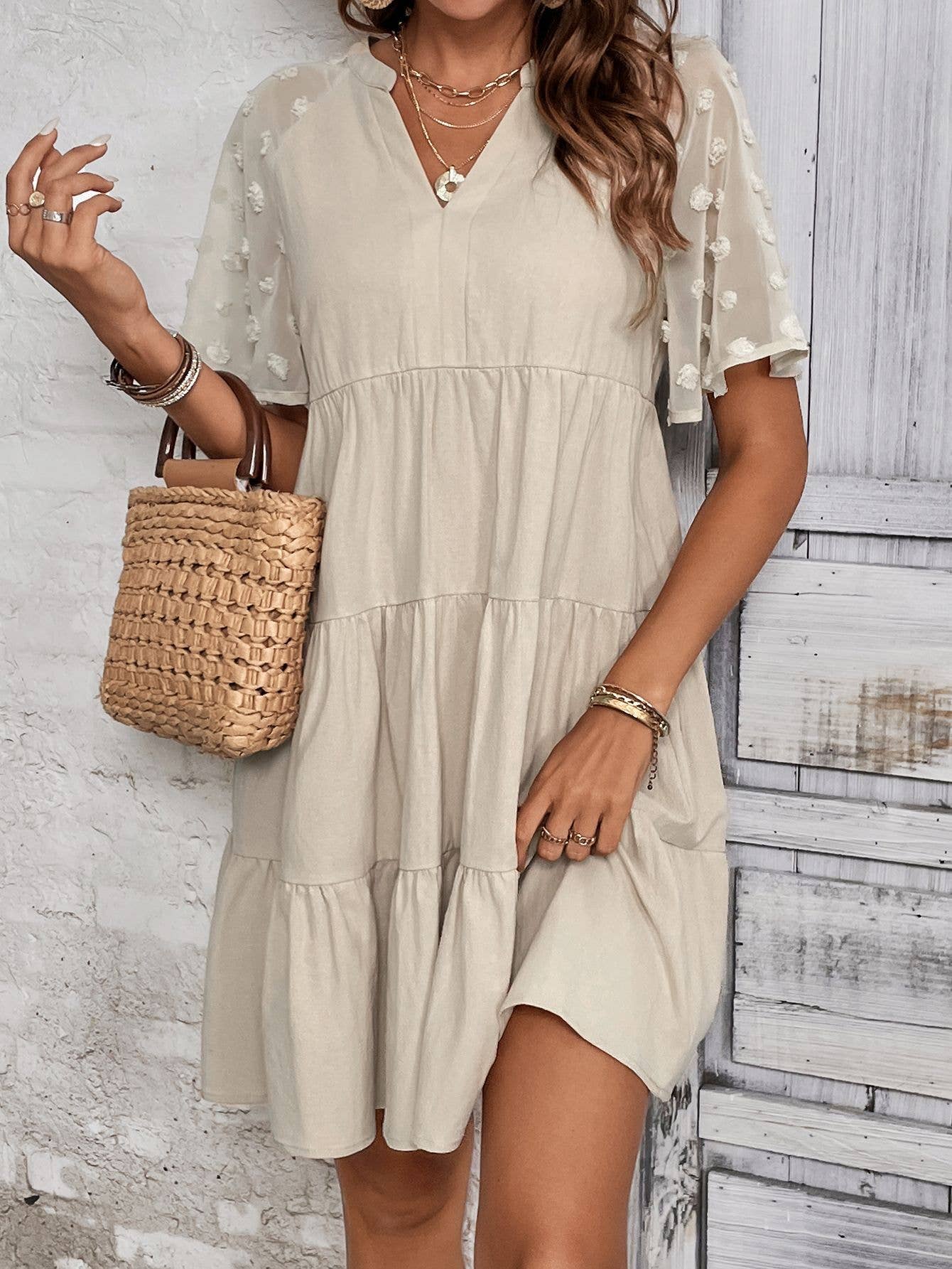 V-neck and a large hem loose and casual dress