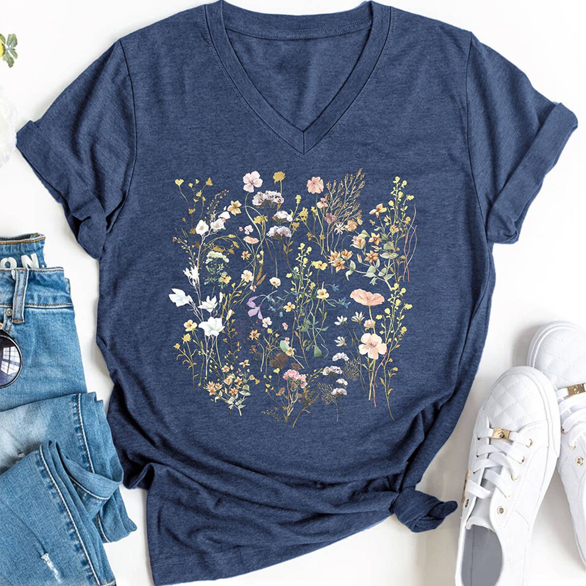Floral V-Neck Graphic Tee for Women, Loose Fit