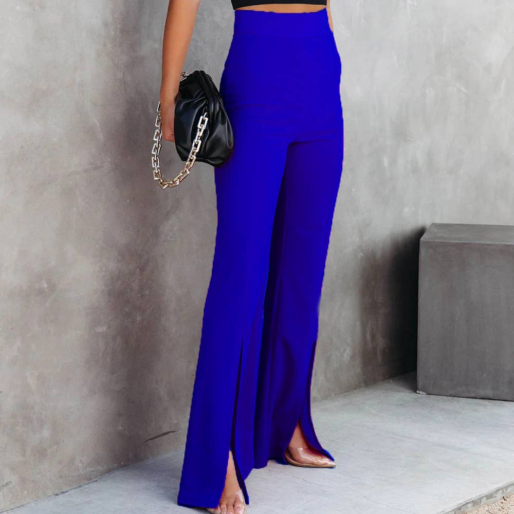 SLIM WAIST STRETCH SLIT SOLID COLOR CASUAL PANTS