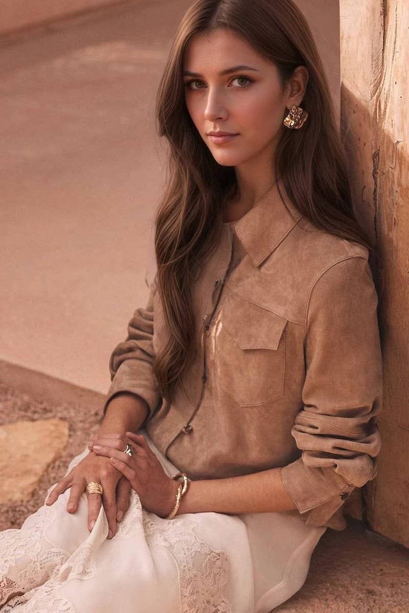 CWOCO1284_MULTI-POCKET LAPEL CASUAL SUEDE JACKET