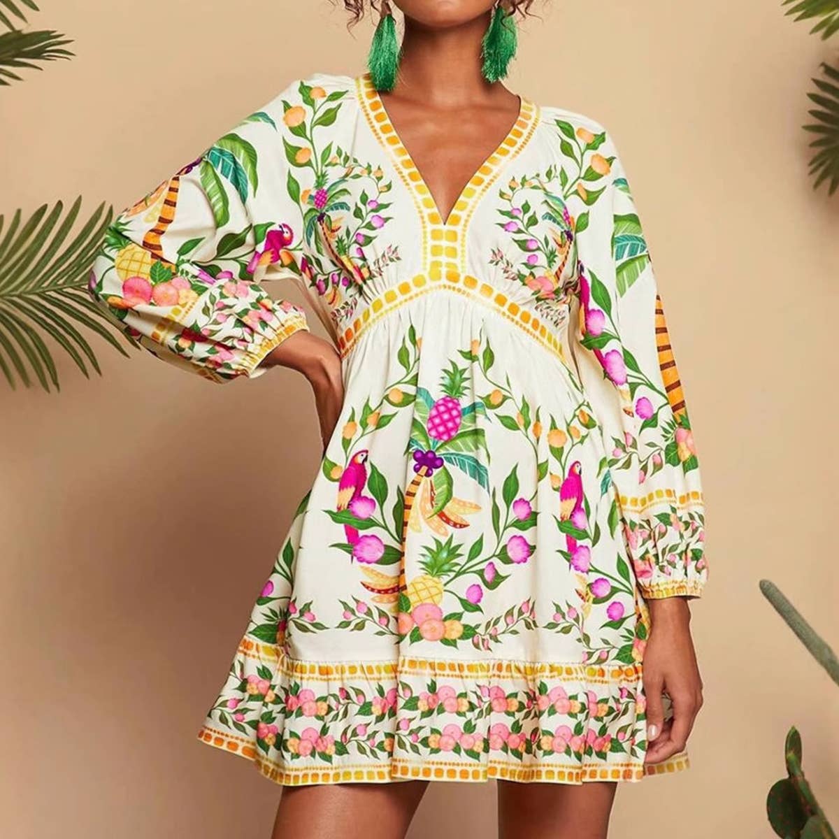Bohemian V-Neck Three-Quarter Sleeve Mini Dress_Cwdsd8590